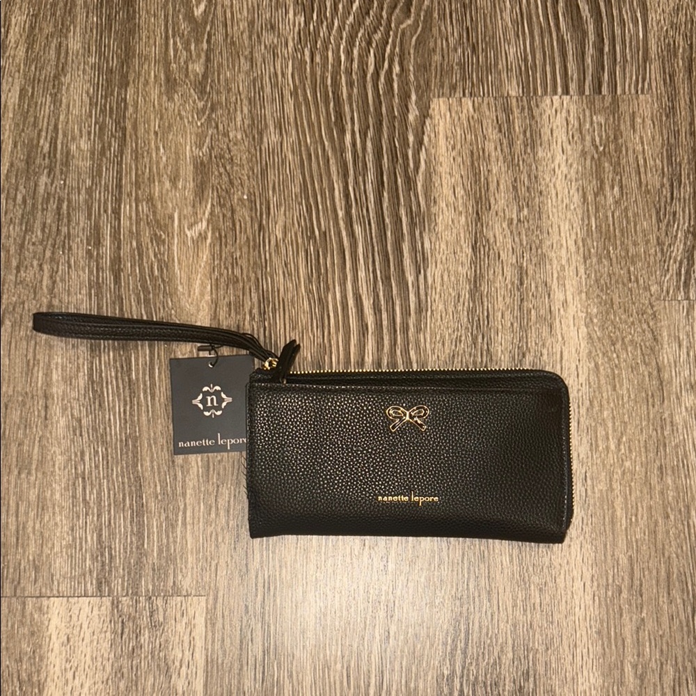 Nanette Lepore Black Wristlet with Gold Accents